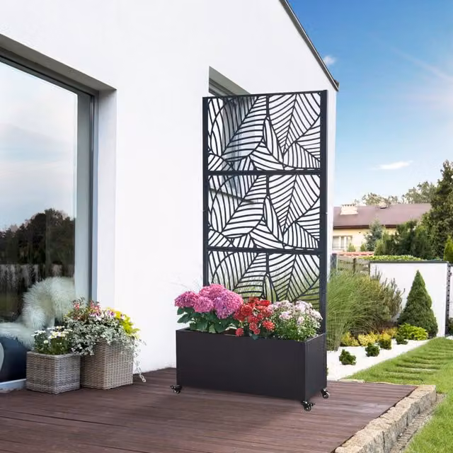 Fioriera con Spalliera e Separè Surnskoki casa.pro in Acciaio Zincato Nero con Rotelle, L: 82 cm, P: 38 cm, H: 190 cm
