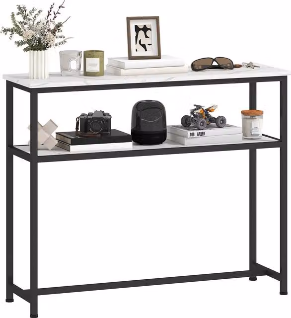 Console da ingresso stretta HOMCOM con superficie effetto marmo e struttura in metallo, L 100 x P 30 x H 81 cm, Bianco