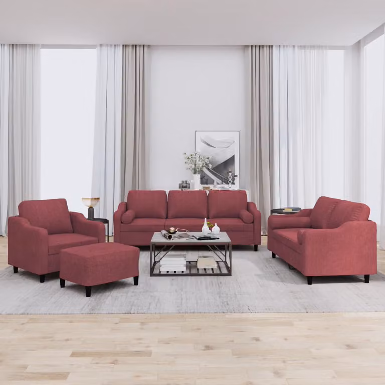 Set di divani 4 pezzi vidaXL in tessuto rosso con cuscini e pouf per soggiorno