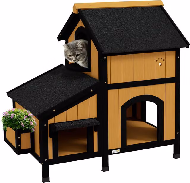 Casa per gatti PawHut in legno di abete con fioriera, Giallo, L: 96 cm, P: 65 cm, H: 85,5 cm