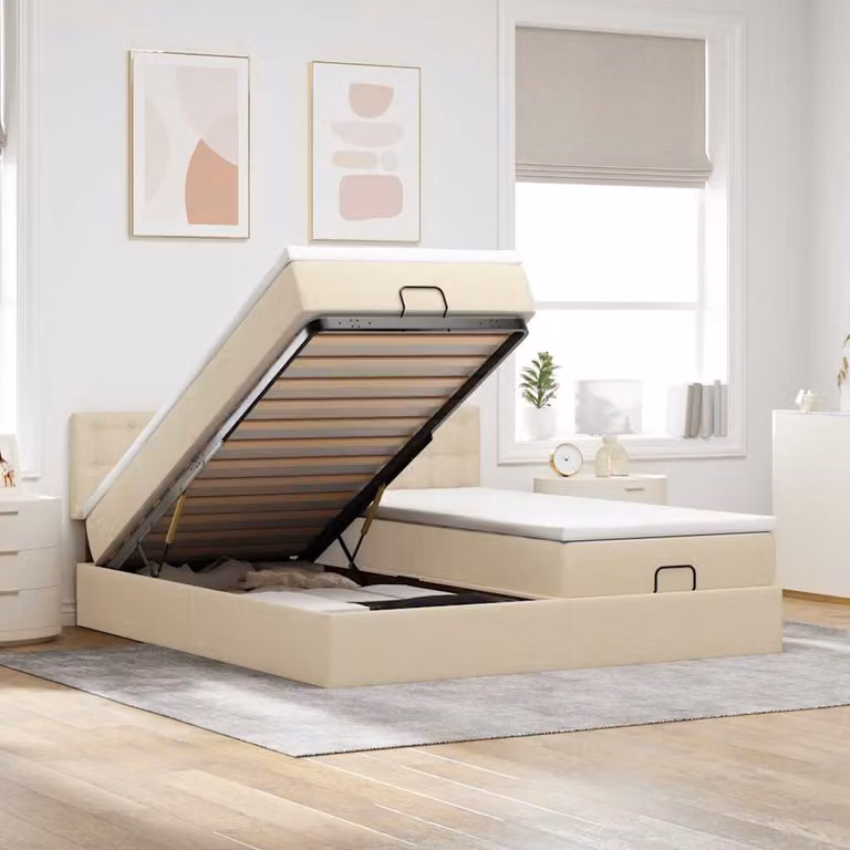 Letto con contenitore a sollevamento vidaXL in tessuto beige e bianco, L 160 x P 200 cm