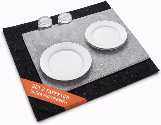 Set di 2 tappetini assorbenti per scolapiatti Avilia Home, rettangolari, in plastica, colori grigio e nero