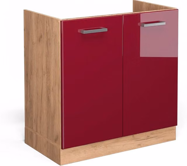 Mobile lavello cucina Vicco R-Line rosso lucido e rovere, larghezza: 80 cm