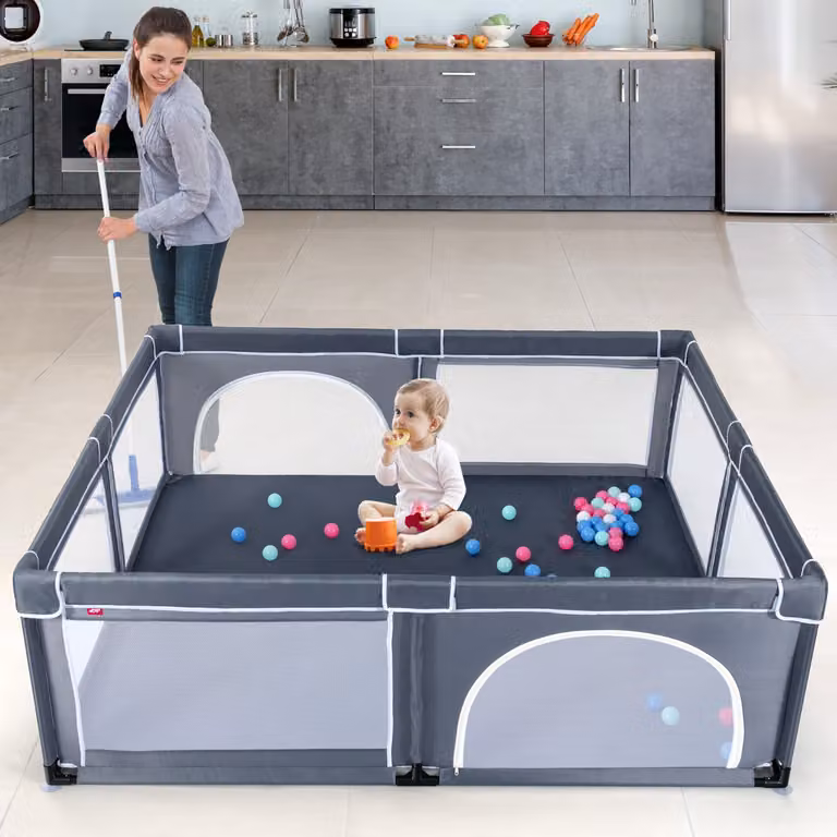 Centro attività portatile Costway con cancelli di sicurezza per bambini, Grigio scuro, L: 206 cm, P: 185,5 cm, H: 68 cm