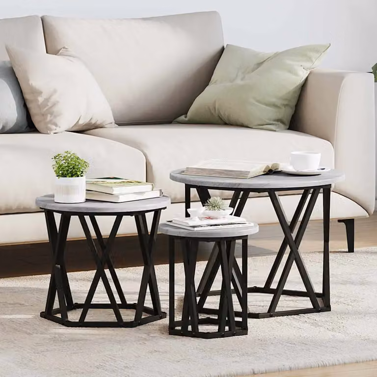 Set di 3 tavolini laterali nesting vidaXL in stile moderno, colore grigio, L/P/H: 53 x 53 x 40 cm
