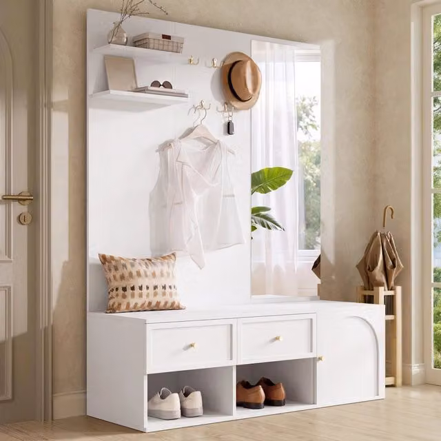 Set ingresso moderno WISHDOR con specchio, ripiani, cassetti e ganci, bianco, L: 120 cm, P: 35 cm, H: 159 cm