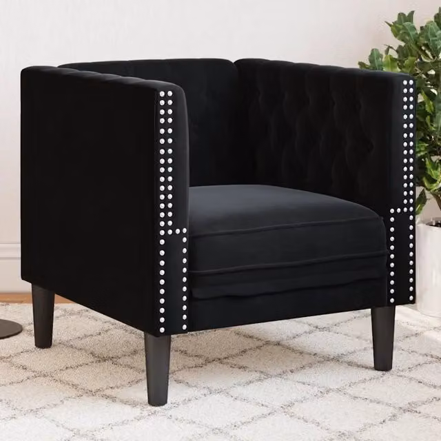 Poltrona Chesterfield in Velluto Nero con Braccioli e Struttura in Legno