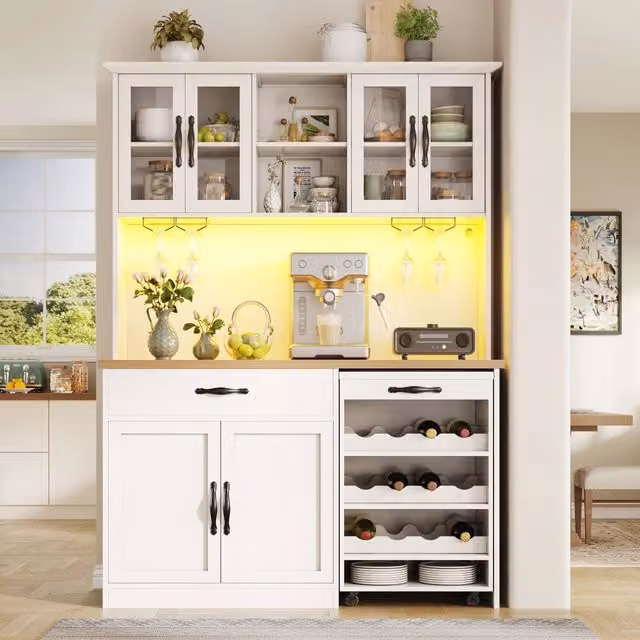 Armadio cucina REDOM bianco con ante in vetro, illuminazione integrata e carrello estraibile, L/P/H: 140 x 38 x 180 cm