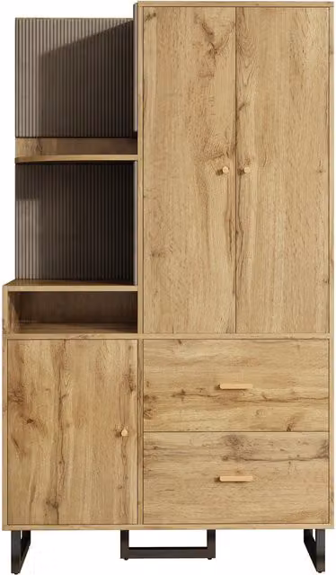 Armadio guardaroba moderno GL Store con ante a battente e chiusura soft close, ripiani interni, asta appendiabiti e 2 cassetti integrati, Colore marrone, L/P/H: 110 x 38 x 186 cm