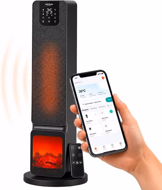 Stufa Elettrica in Ceramica Wintem da 2000W con Controllo via App Tuya, LED Display e Funzione ECO, Colore Nero
