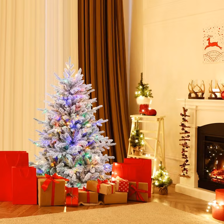 Albero di Natale artificiale Costway rivestito di neve con luci LED RGB e 8 modalità luminose, colore verde e bianco, Altezza: 135 cm