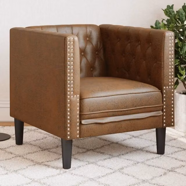 Poltrona Chesterfield in Similpelle Scamosciata Marrone con Braccioli e Struttura in Legno
