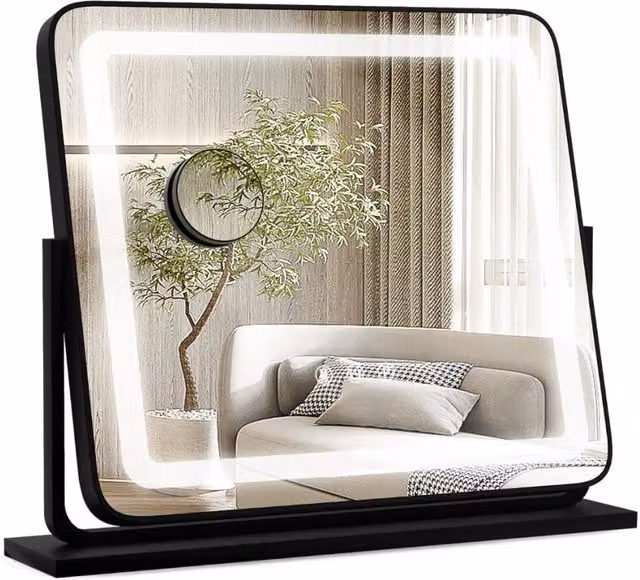 Specchio da tavolo per il trucco con illuminazione LED e ingrandimento 5X, rotazione a 360°, metallo nero, L: 56 cm, P: 48 cm, H: 12 cm