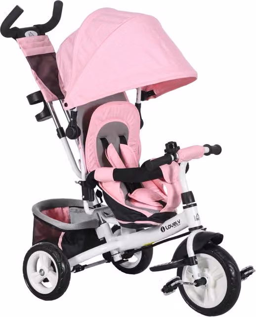 Triciclo per bambini Minimal rosa con capottina, maniglia regolabile e portabottiglie