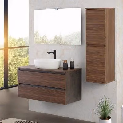Mobile bagno sospeso Kleo con top lavabo e specchio color noce e ossido L: 100 cm